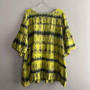 Bryn Walker 100% Linen Citron Black Tie Dye Rivera Ruffle Tunic Top Womens Large